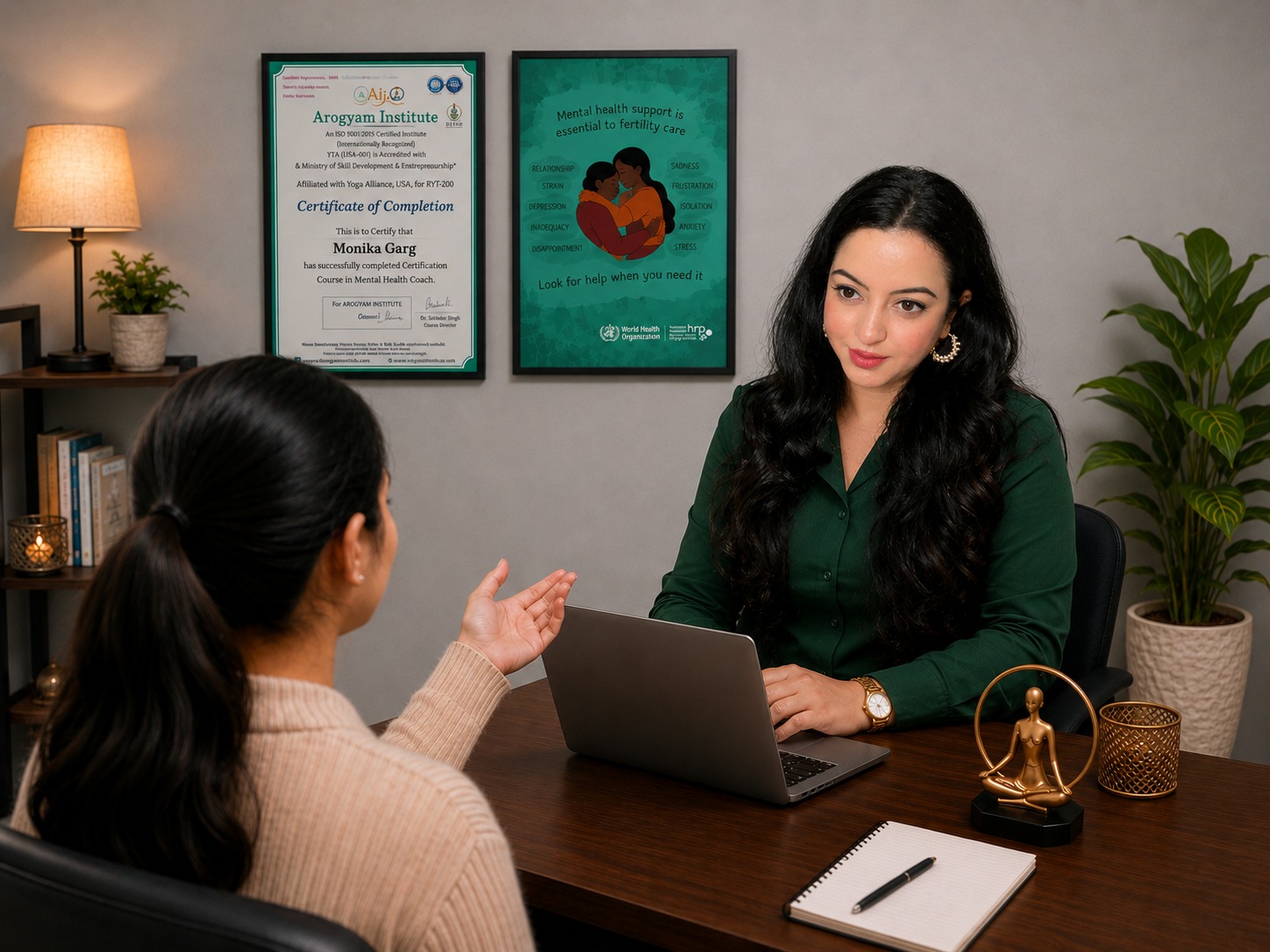 Coaching session in progress — coach talking with a client over a laptop