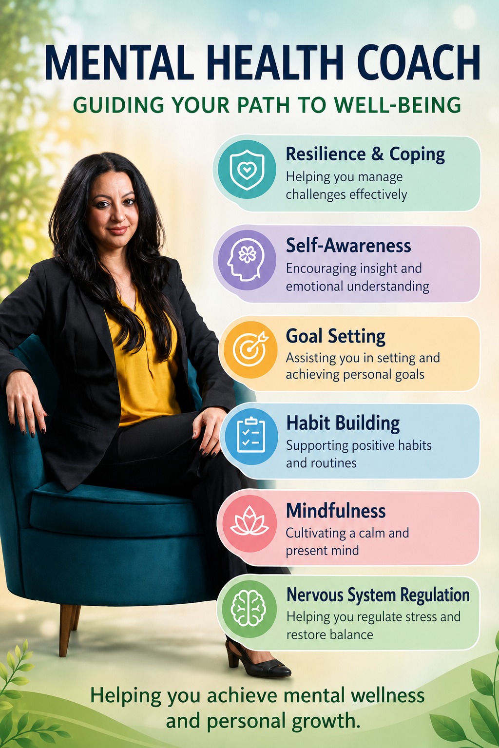 Portrait of the mental health coach seated in a teal armchair